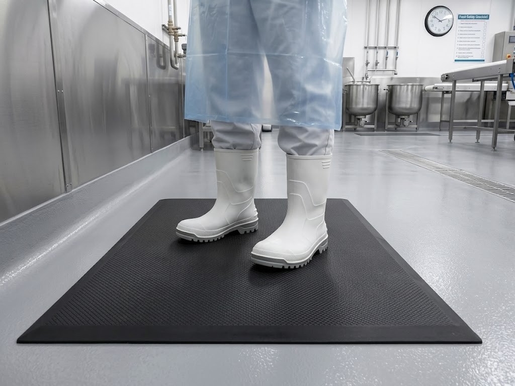 Worker in food-safe boots standing on a black commercial anti-fatigue mat in a food processing facility